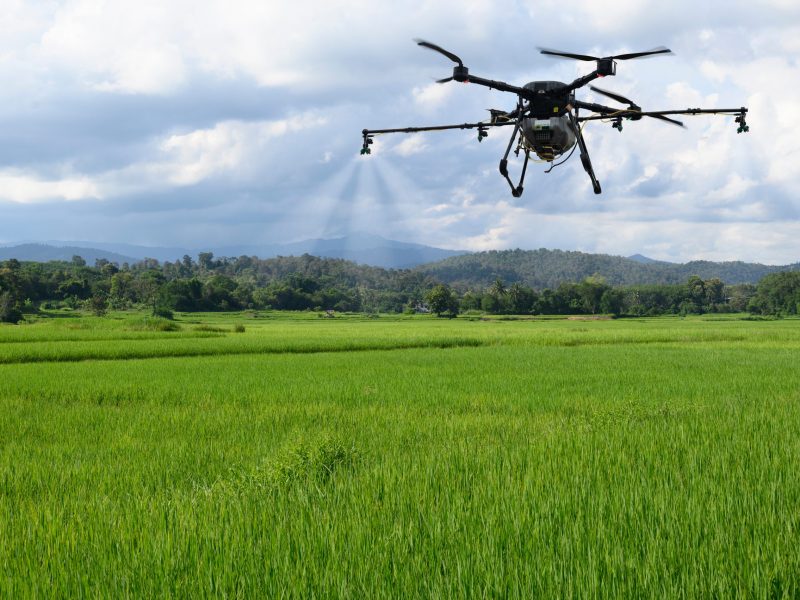 An agricultural drone is pictured hovering over a field.