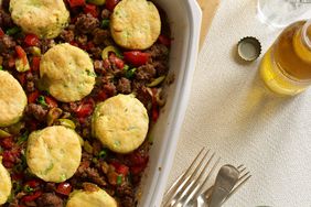 Cuban Beef Casserole with Corn-Scallion Biscuit Topping