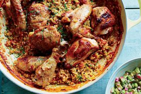 Arroz con Pollo with Avocado-Green Pea Salsa