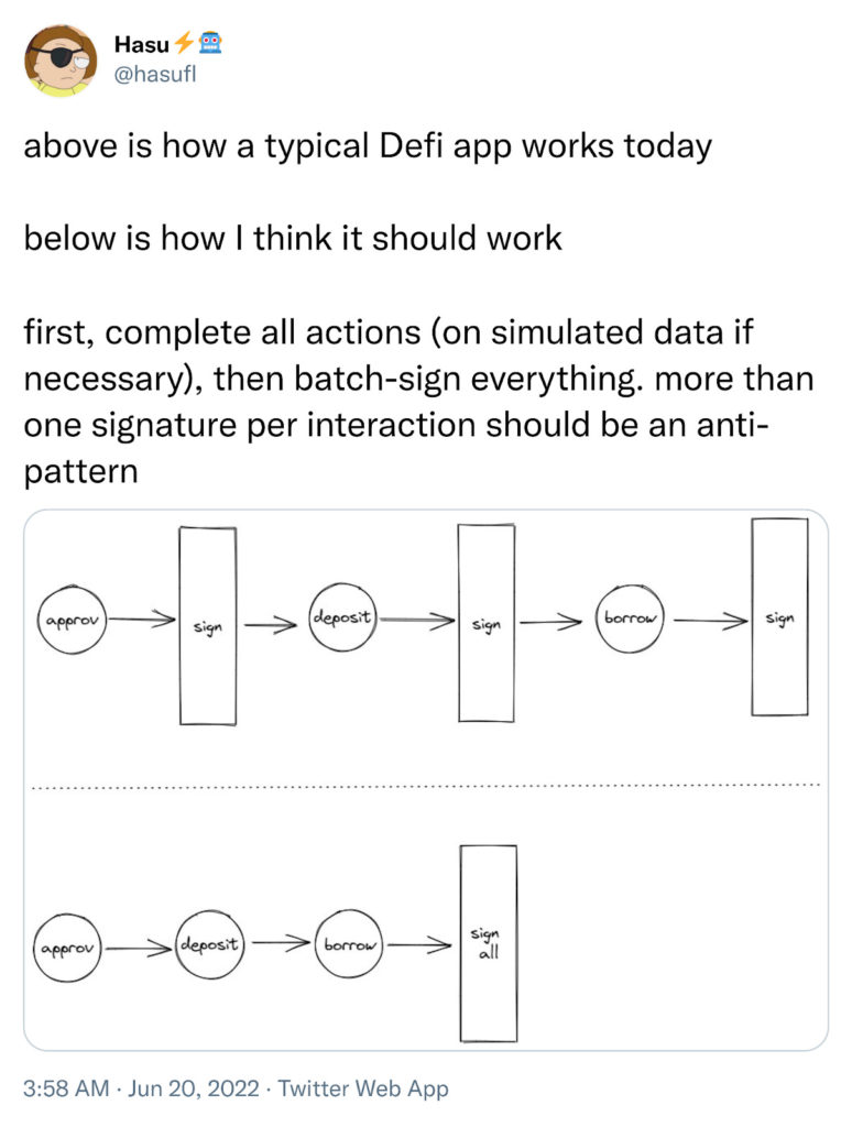 Screenshot of X user @hasufi explaining how batch transactions work using account abstraction wallets.