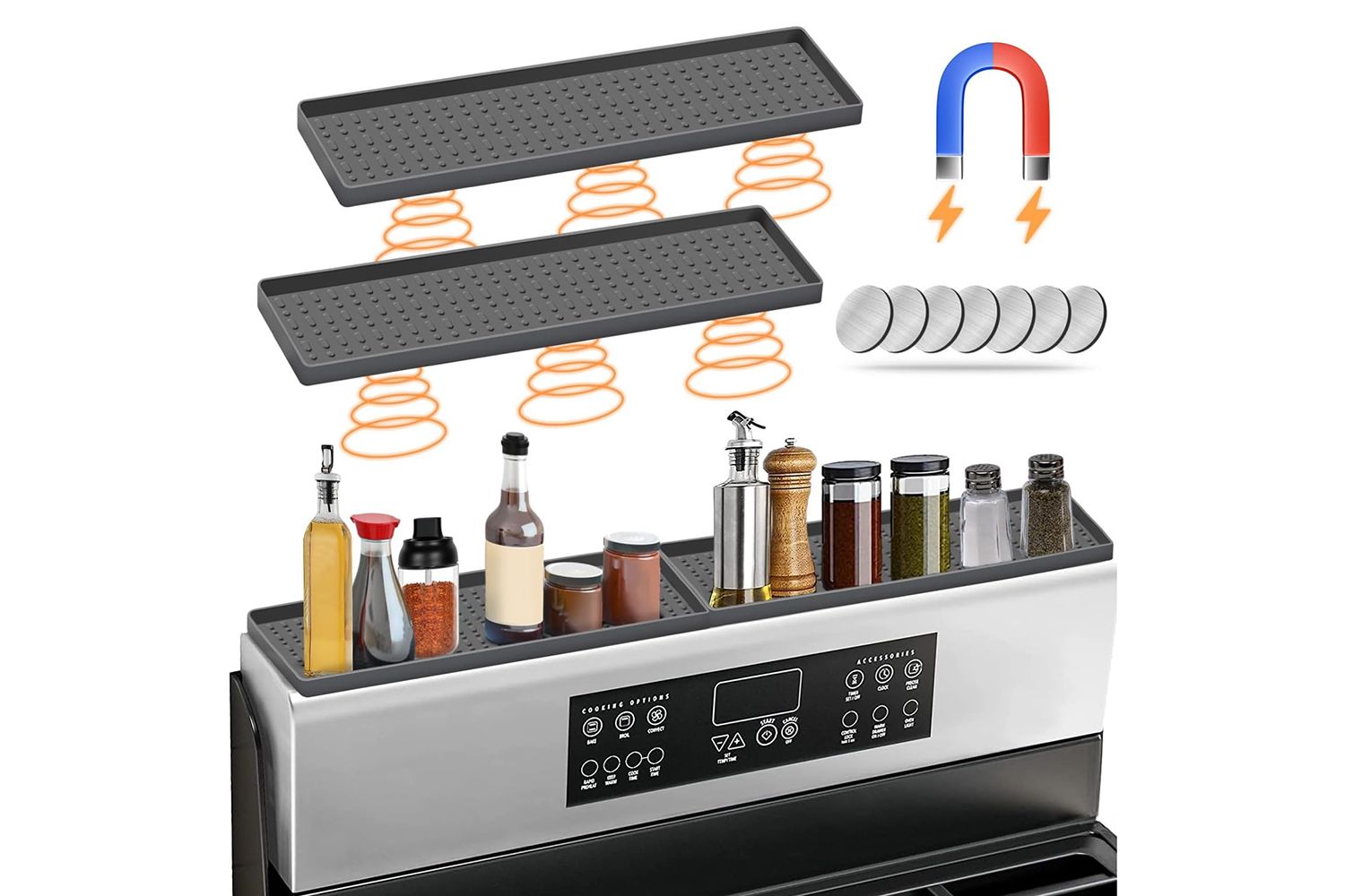 Amazon BFONS 30" Magnetic Stove Top Shelf Spice Rack Storage, Silicone Top Heat Material Stove Rack Shelf Flexible Seasoning Organizer Kitchen Shelves Gadgets with 2 Functional Prtitions for Kitchen ï¼Greyï¼