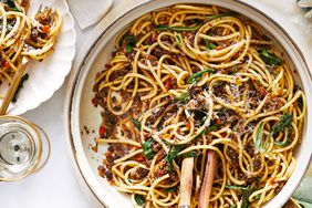 Bucatini with Mushroom Ragu, Dandelion Greens, and Tarragon