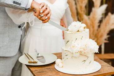 A couple cuts their wedding cake