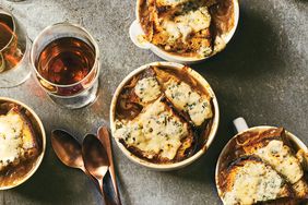 Caramelized Onion and Bread Soup with Bruleed Blue Cheese