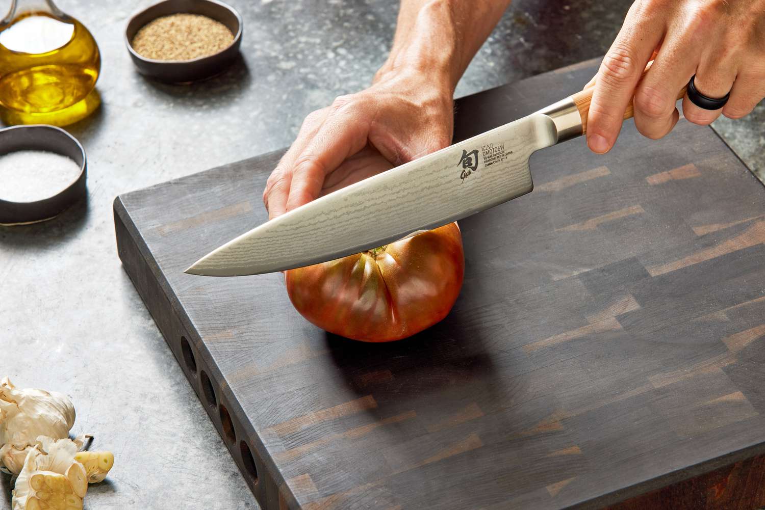 Shun Cutlery Classic Blonde Chef's Knife Cutting Ingredient