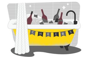 An illustration of a bathtub filled with ice and wine bottles at a holiday party