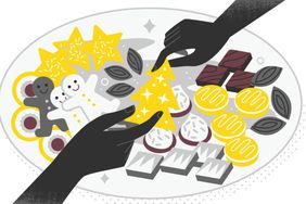 An illustration of two hands reaching for holiday cookies off of a platter