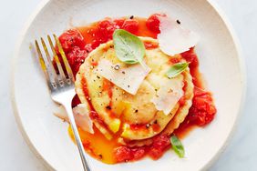 Uovo in Raviolo with Hand-Grated-Tomato Sauce